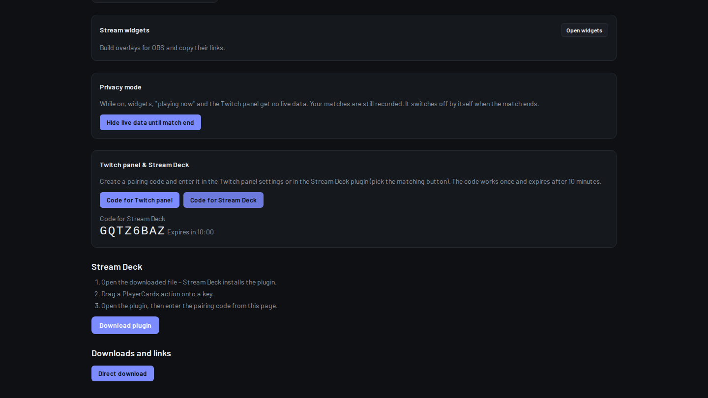 Creator dashboard with a fresh pairing code for Stream Deck
