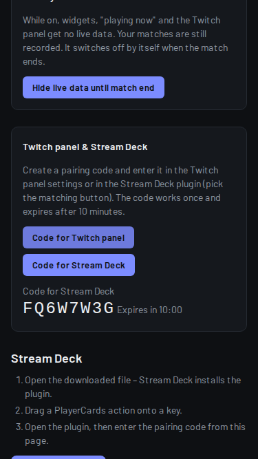 Creator dashboard with a fresh pairing code for Stream Deck