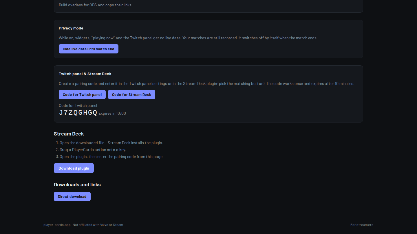The “Twitch panel & Stream Deck” block of the creator page with a pairing code for the Twitch panel.