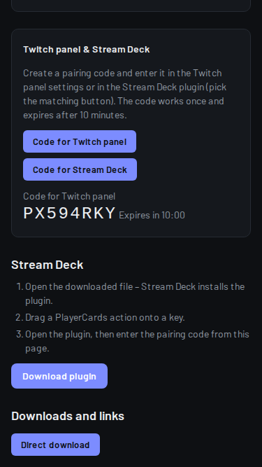 The “Twitch panel & Stream Deck” block of the creator page with a pairing code for the Twitch panel.