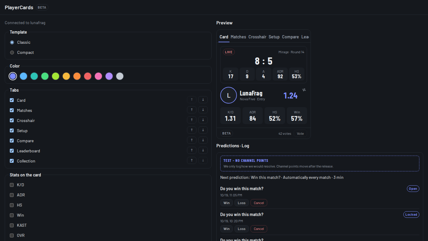 The PlayerCards panel settings with template, colour, tabs and a live preview of the panel.