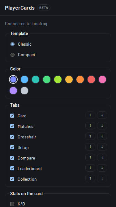 The PlayerCards panel settings with template, colour, tabs and a live preview of the panel.